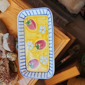 Hungarian Handmade Rectangular Dish Strawberries 🍓 Flowers Heavy Quality   8x4"